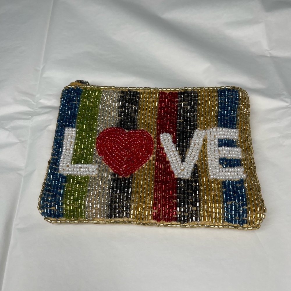 Beaded 'LOVE' Coin Pouch with Red Heart